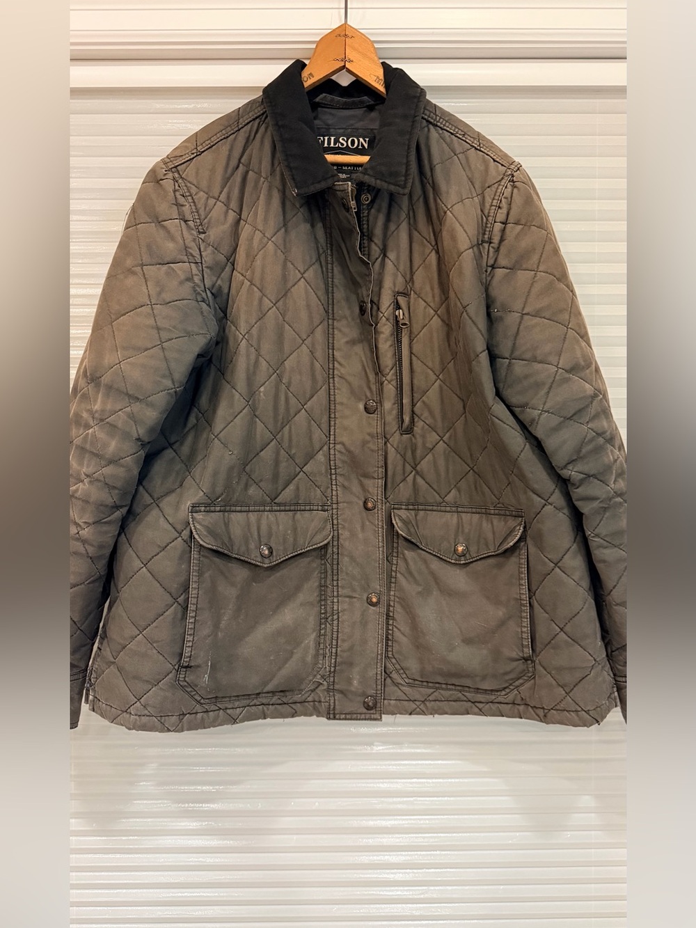 Vintage Filson Quilted Mile Marker Jacket – Navy Gray Patina – Made in USA